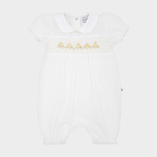 Macacão de Bebê Feminino Curto Malha Ponto Smock - BRANCO