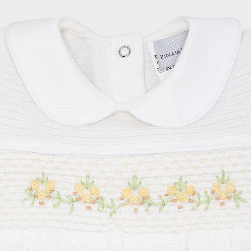 Macacão de Bebê Feminino Curto Malha Ponto Smock - BRANCO