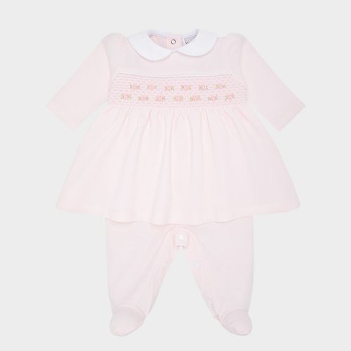Macacão Vestido de Bebê Feminino Longo Dadinho Ponto Smock - ROSA