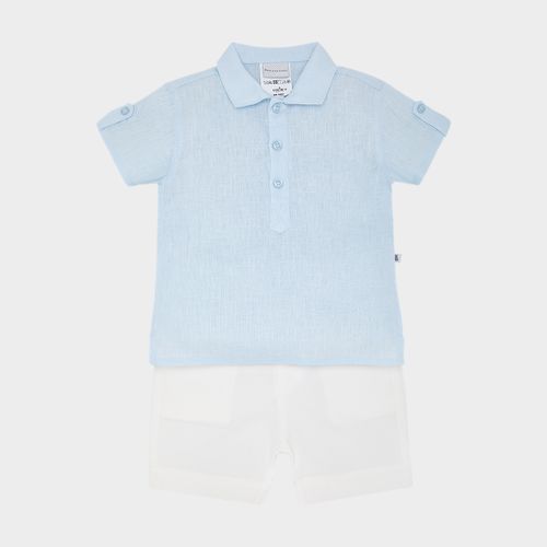 Conjunto de Bebê Masculino Puro Linho com Bermuda em Sarja - AZUL BEBE