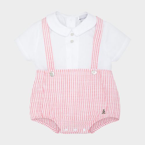 Conjunto de Bebê Masculino Jardineira Listrada com Camisa - VERMELHO
