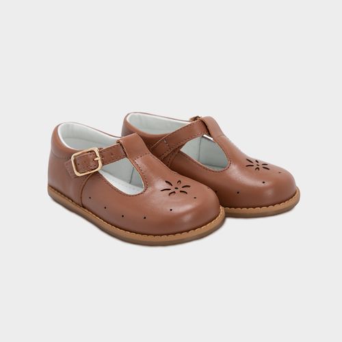 Sapato Boneca Infantil Feminino Couro Detalhe Flor - MARROM