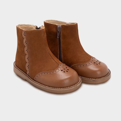 Bota Infantil Feminina Couro Detalhe Camurça - CAMELO