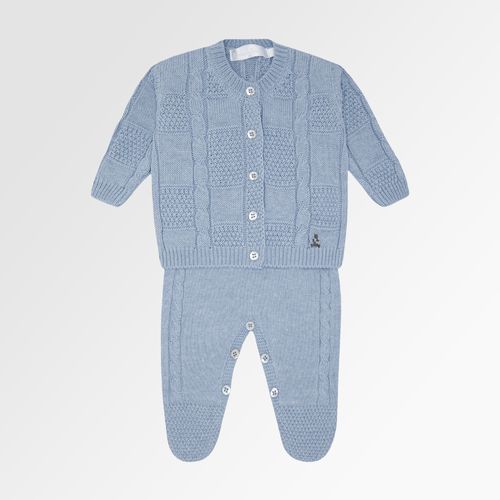 Saída de Maternidade Masculina com Manta Tricot Quadrados Ponto Trança - AZUL ANDES