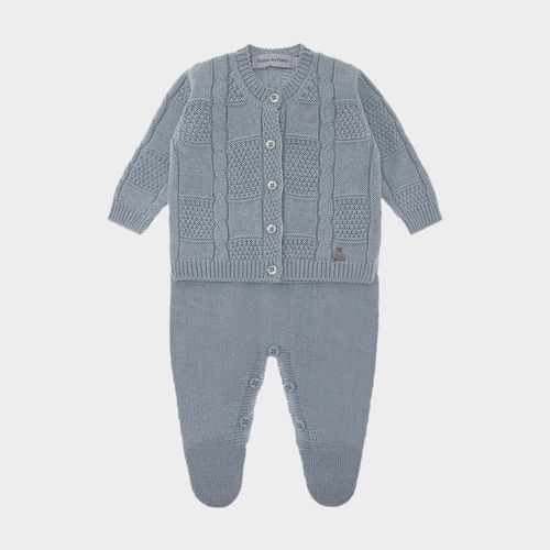 Saída de Maternidade Masculina com Manta Tricot Quadrados Ponto Trança - AZUL CLARO