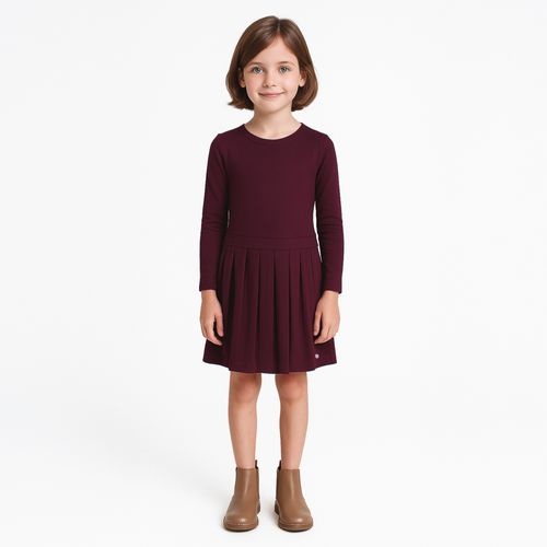 Vestido Infantil Feminino de Manga Longa com Pregas - BORDO