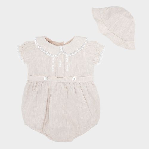 Romper de Bebê Feminino Puro Linho com Pregas - NATURAL