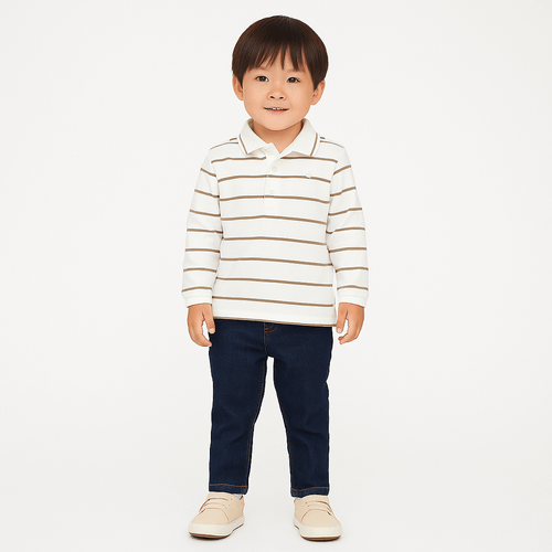 Camiseta Polo de Bebê Masculino Manga Longa Listrada - KAKI