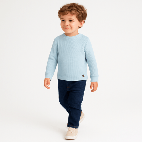 Camiseta de Bebê Masculina Manga Longa Malha Tricot - AZUL