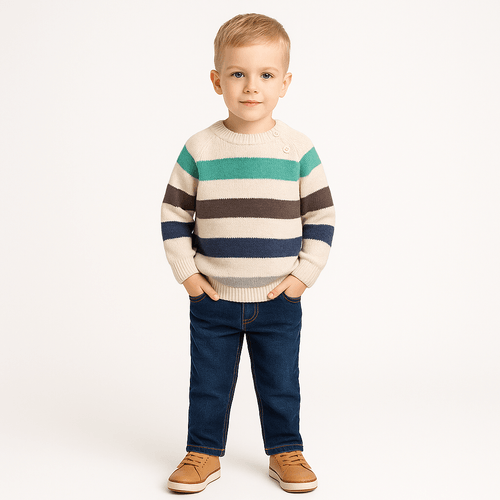 Blusa Tricot de Bebê Masculino Manga Longa Listras - BEGE