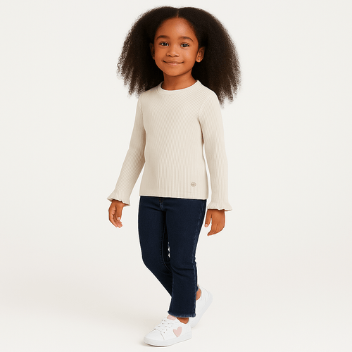 Blusa Infantil Feminina Canelada Manga Longa com Babados - AREIA