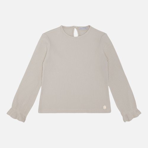 Blusa Infantil Feminina Canelada Manga Longa com Babados - AREIA