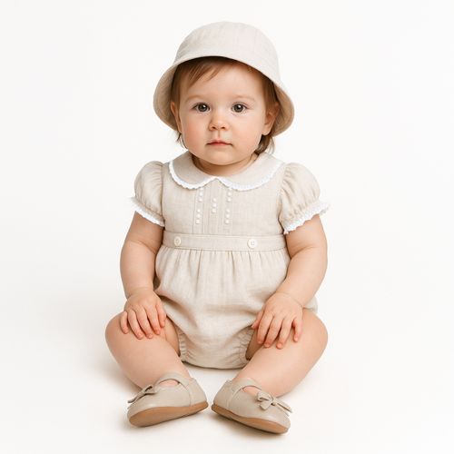 Romper de Bebê Feminino Puro Linho com Pregas - NATURAL