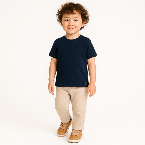 Camiseta de Bebê Masculina Manga Curta com Frisos - AZUL MARINHO