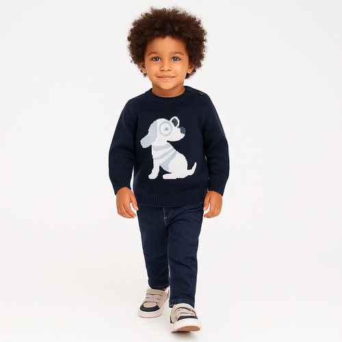 Blusa Tricot de Bebê Masculino Manga Longa Cachorro - AZUL PROFUNDO