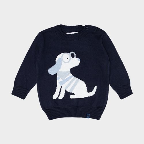 Blusa Tricot de Bebê Masculino Manga Longa Cachorro - AZUL PROFUNDO