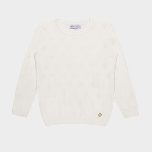 Blusa Infantil Feminina Tricot Manga Longa Coração - NATURAL