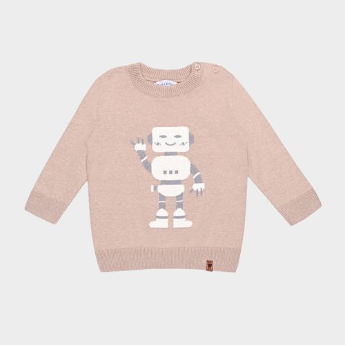 Blusa Tricot de Bebê Masculina Manga Longa Jacquard Robô - BEGE