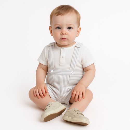 Conjunto de Bebê Masculino Jardineira Listrada - KAKI