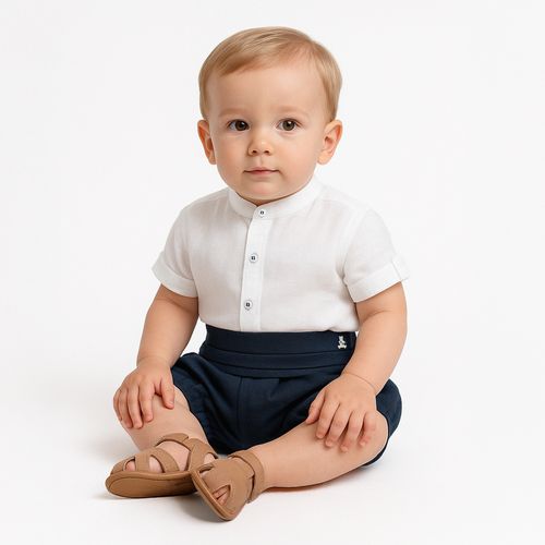 Conjunto de Bebê Masculino Bata Puro Linho e Shorts de Algodão - AZUL MARINHO