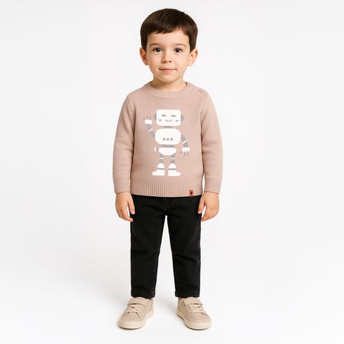 Blusa Tricot de Bebê Masculina Manga Longa Jacquard Robô - BEGE