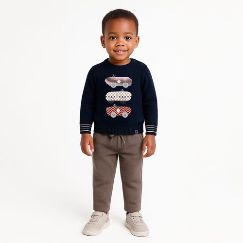 Blusa Tricot de Bebê Masculina Manga Longa Jacquard Carros - AZUL PROFUNDO