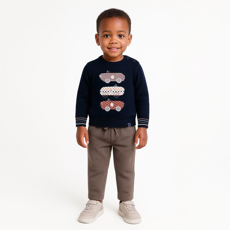 08.02.0341_1040_Blusa Tricot de Bebe Masculina Manga Longa Jacquard Carros - AZUL PROFUNDO