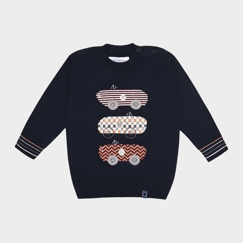 Blusa Tricot de Bebê Masculina Manga Longa Jacquard Carros - AZUL PROFUNDO