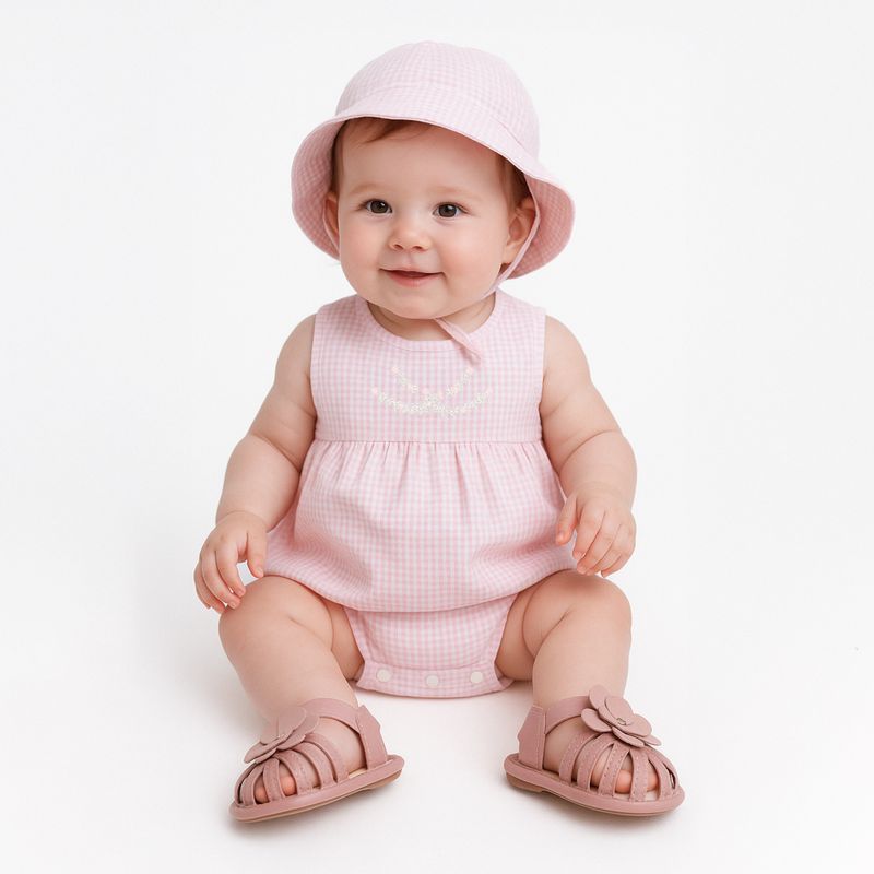 Romper de Bebe Feminino Xadrez Annaruga com Chapeu - ROSA_17.02.0056_1011_1