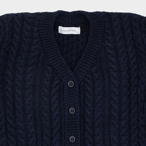 Cardigan Infantil Feminino em Tricot com Tranças e Decote V - AZUL MARINHO
