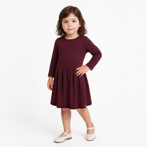 Vestido Bebê Feminino de Manga Longa Saia com Pregas - BORDO