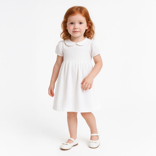 Vestido de Bebê Feminino Maquinetado Fio 60 com Pregas - BRANCO