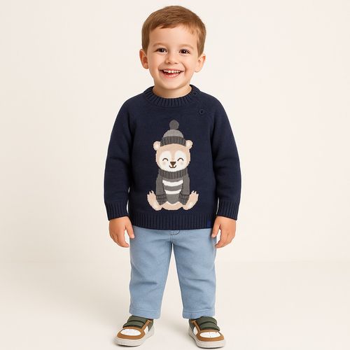 Blusa Tricot de Bebê Masculina Manga Longa Jacquard  Panda - DARK JEANS AZUL JEANS