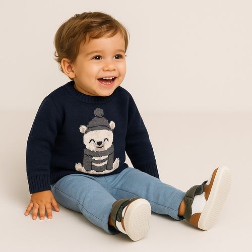 Blusa Tricot de Bebê Masculina Manga Longa Jacquard  Panda - DARK JEANS AZUL JEANS