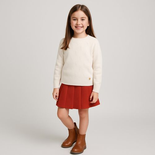 Blusa Infantil Feminina Tricot Manga Longa Coração - NATURAL