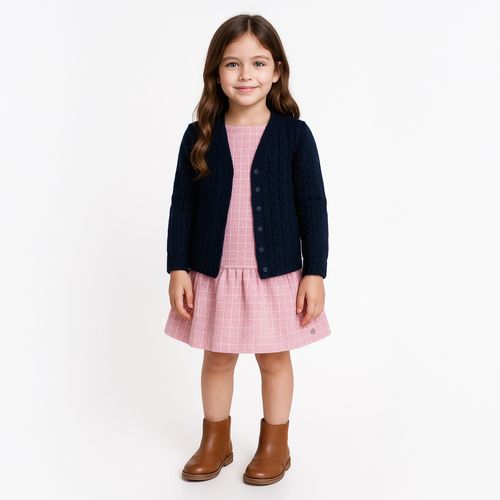 Cardigan Infantil Feminino em Tricot com Tranças e Decote V - AZUL MARINHO