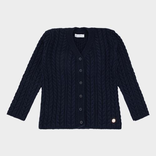 Cardigan Infantil Feminino em Tricot com Tranças e Decote V - AZUL MARINHO