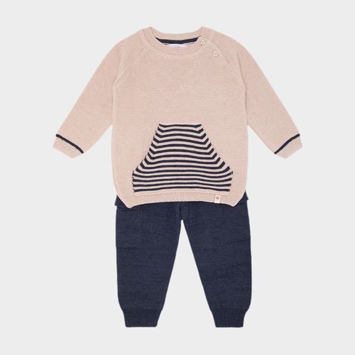 Conjunto de Bebê Masculino em Tricô com Bolso Canguru - BEGE