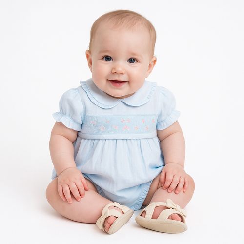 Romper de Bebê Feminino Linho com Ponto Smock - AZUL BEBE