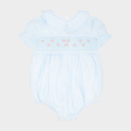 Romper de Bebê Feminino Linho com Ponto Smock - AZUL BEBE