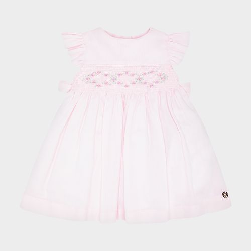 Vestido de Bebê Feminino em Fustão Fio 60 com Ponto Smock - ROSA