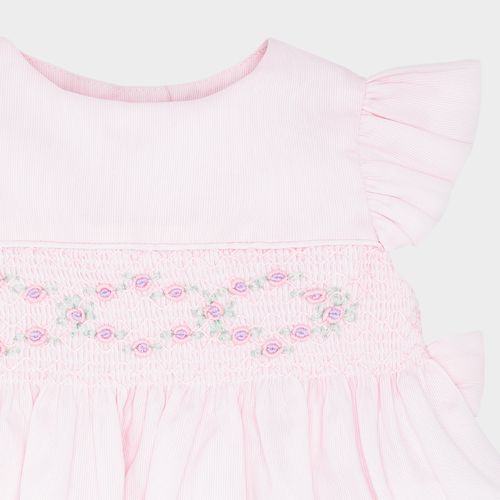 Vestido de Bebê Feminino em Fustão Fio 60 com Ponto Smock - ROSA