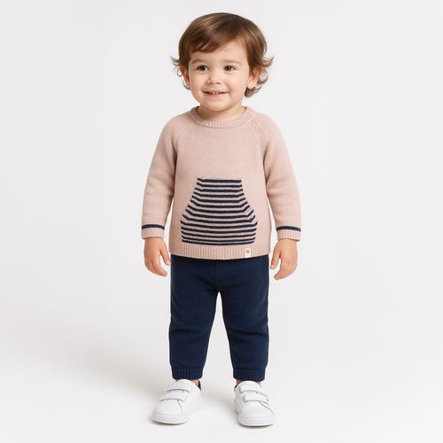 Conjunto de Bebê Masculino em Tricô com Bolso Canguru - BEGE