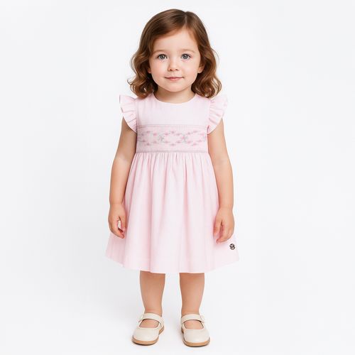Vestido de Bebê Feminino em Fustão Fio 60 com Ponto Smock - ROSA