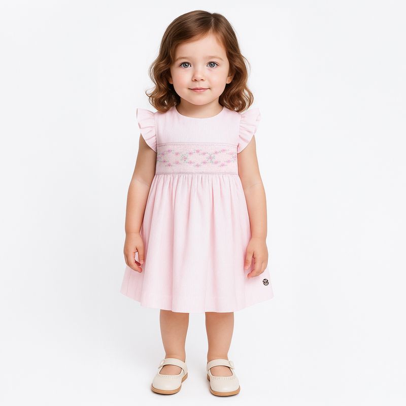 Vestido de Bebe Feminino em Fustao Fio 60 com Ponto Smock - ROSA_04.01.0929_1011_1