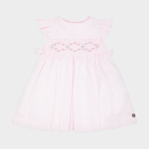 Vestido de Bebê Feminino em Fustão Fio 60 com Ponto Smock - ROSA