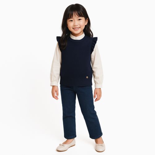 Colete Infantil Feminino em Tricot com Babado nas Mangas - AZUL PROFUNDO