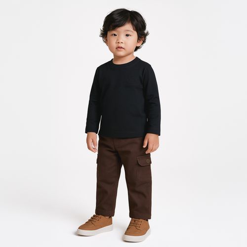 Camiseta de Bebê Masculina Manga Longa Malha Texturizada - PRETO