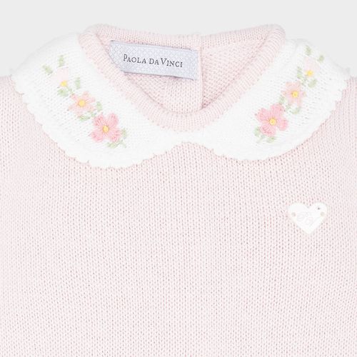 Macacão de Bebê Feminino em Tricot com Gola Bordada - ROSA PASTEL
