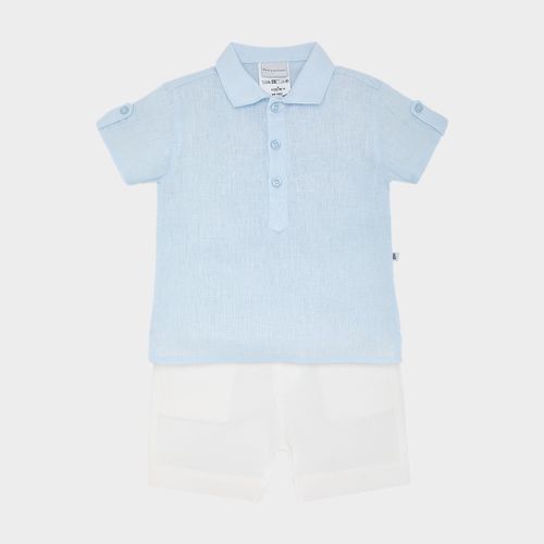 Conjunto de Bebê Masculino Puro Linho com Bermuda em Sarja - AZUL BEBE